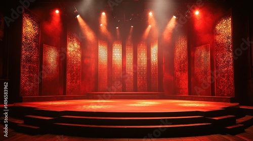 Empty stage for ethnic and folk dance, enhanced with artistic gobo pattern lighting, creating a vibrant ambiance for traditional and cultural storytelling.