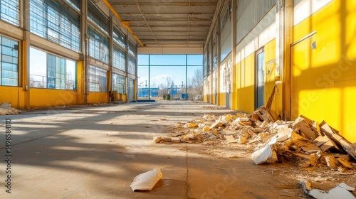 Abandoned Industrial Space with Bright Light and Debris