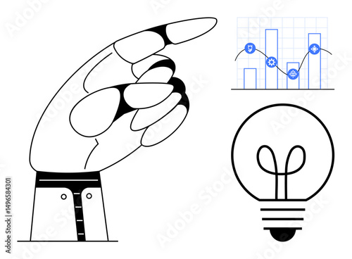 Hand gesture pointing at bar graph with line plot and lightbulb. Ideal for innovation, progress, business strategy, data analysis, leadership, solutions, creative ideas. Flat simple metaphor