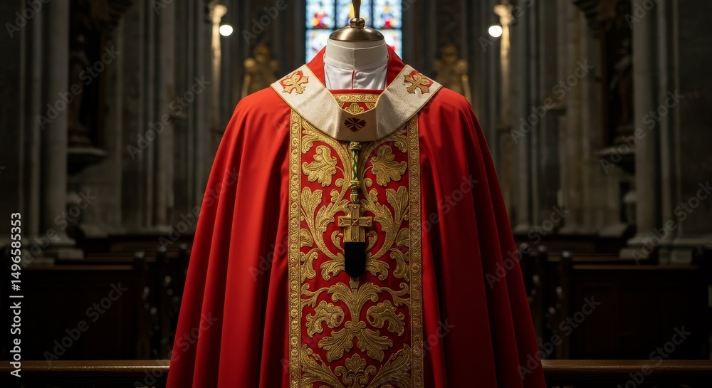 Obraz premium Photo of Red Chasuble With Gold Embroidery in Church