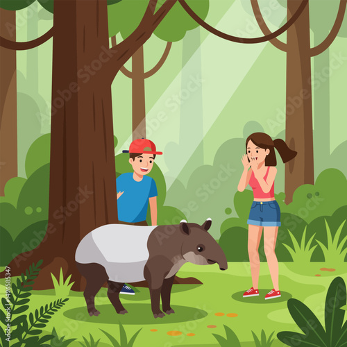 Encountering a Tapir in the Forest with Two Animated Characters