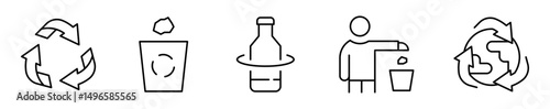 Conjunto de iconos de reciclaje. Reutilización, manejo de residuos y conciencia ecológica. Símbolo reciclaje, bote de basura, reutilizable, acción ecológica, planeta sostenible. Ilustración vectorial