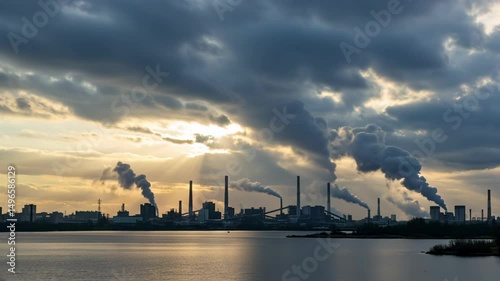 View of an industrial factory plant background across the river at sunset with smoggy overcast clouds