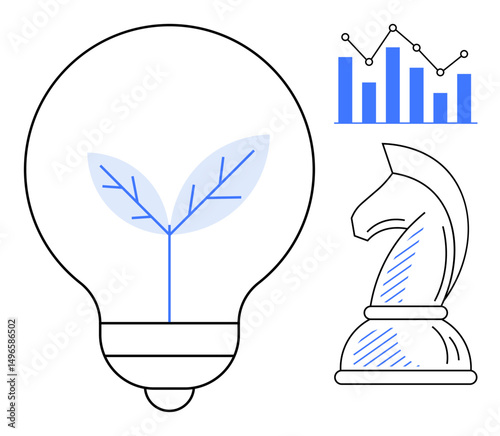Lightbulb with sprouting leaves, chess knight, and bar graph with trends. Ideal for innovation, eco-awareness, data analysis, strategy planning, sustainability growth decision-making. Flat simple