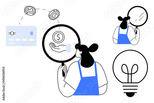 Woman using magnifying glass to investigate funds and transaction flow. Coins, credit card, and light bulb signify financial analysis, innovation, transparency, decision-making, ecommerce, education
