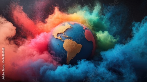 Colorful powder explosion engulfing a miniature Earth globe