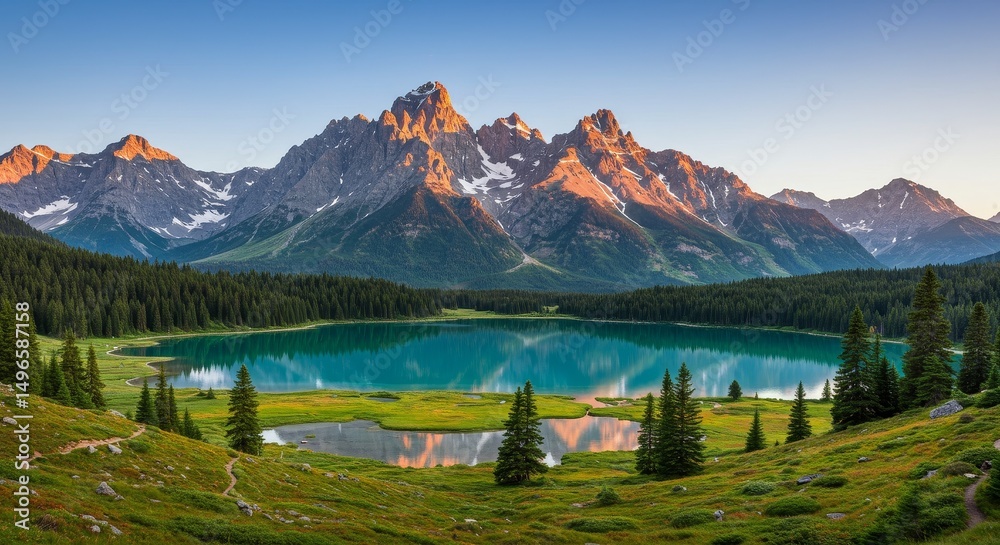 Fototapeta premium Photo of Serene Alpine Lake with Mountain Range at Sunset