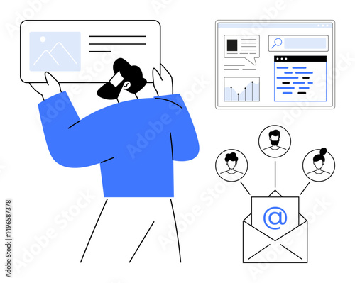 Man managing content, analytical dashboard, email icon with user profiles. Ideal for teamwork, email marketing, digital communication, data tracking, user engagement, technology simple landing page