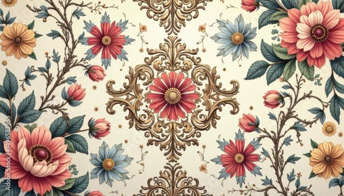 Intricate floral damask pattern in muted tones, interior design, vector, luxury