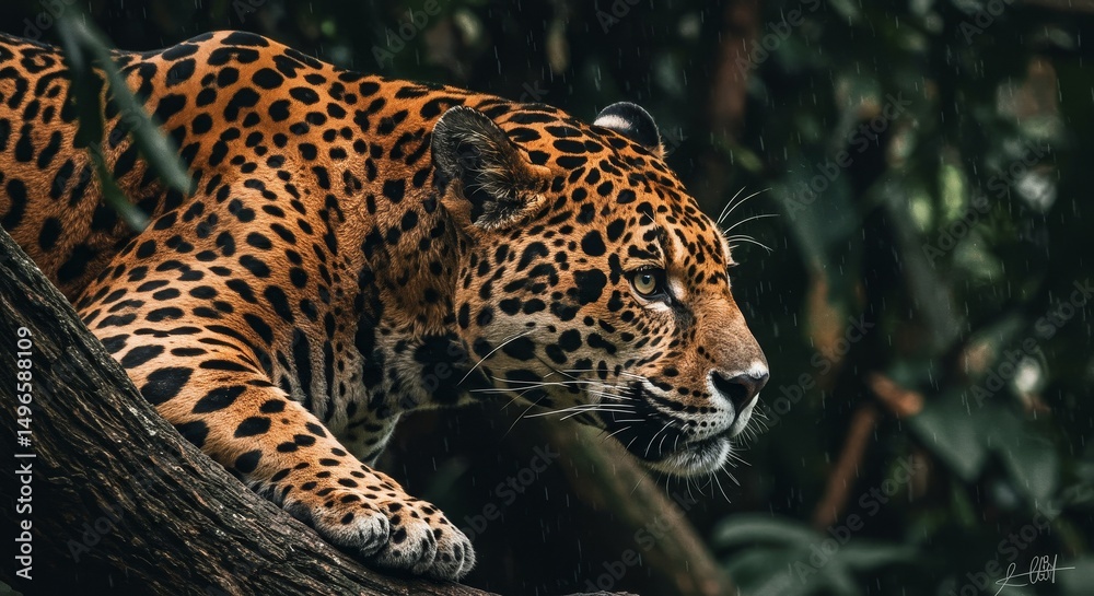 Naklejka premium Photo of Jaguar on Branch in Lush Rainforest
