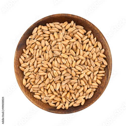 flat lay pile of spelt whole grain in wood bowl cutout