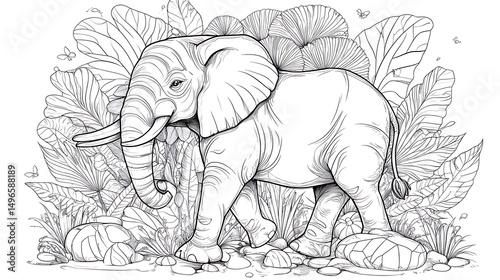 ゾウの線画 熱帯植物背景