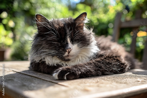 Tranquil repose: a monochrome feline basks on a wooden table outdoors