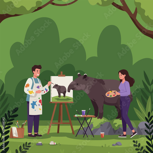 People Painting Tapir in Forest Setting with Easel and Canvas