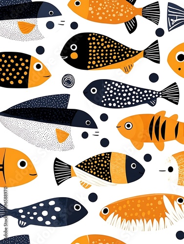 オレンジと黒の魚のイラストパターン