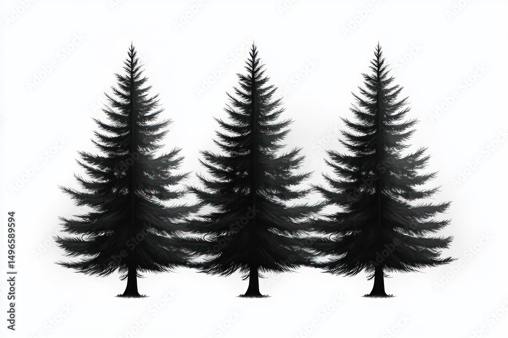 Obraz premium Three symmetrical dark pine trees with detailed branches evenly spaced on a white background conveying simplicity and balance