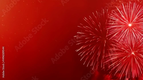 Fireworks exploding slowly isolated on a festive celebration red abstract background with copy-space on the side