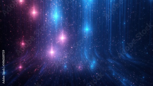 Abstract digital visualization of flowing streams of blue and pink light particles resembling stars in a cosmic space environment radiating a sense of wonder and serenity
