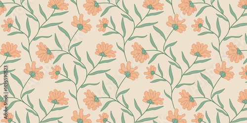 Vintage Floral Pattern with Orange Flowers and Green Leaves