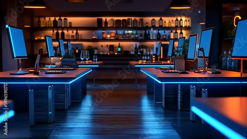 Modern cyber cafe interior with glowing tables and computers, futuristic design
