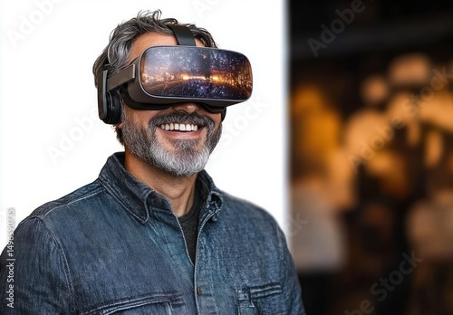 Smiling middle-aged man with gray hair and beard wearing a denim shirt and virtual reality headset, experiencing immersive digital environment with bright reflections
