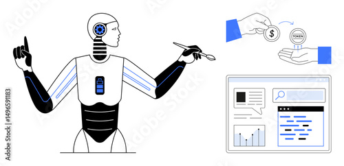 AI robot interacts with digital tools while creating content. Currency exchange and web interfaces highlight technology, efficiency, and future development. Ideal for AI, automation, fintech, edtech
