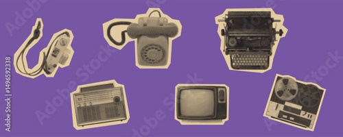 Retro Technology Collage on Purple Background