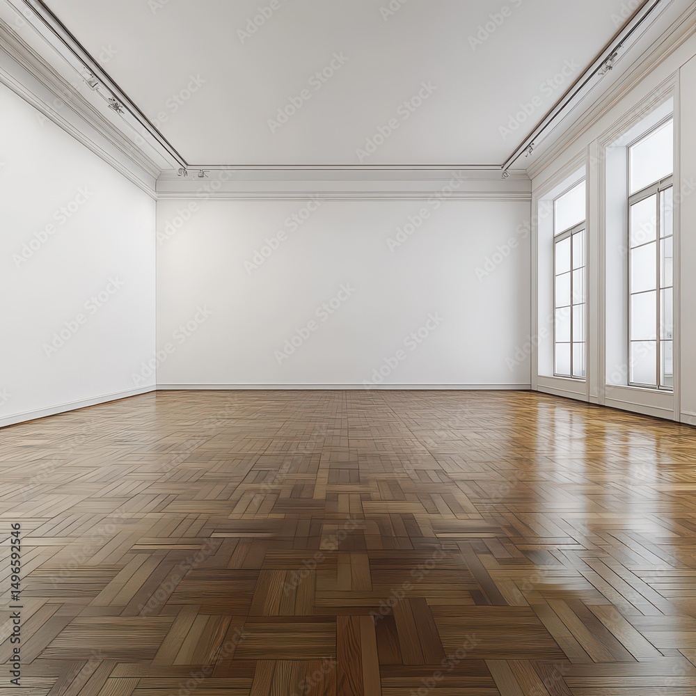 Fototapeta premium Empty gallery room with hardwood floors, white walls, crown molding, and large windows