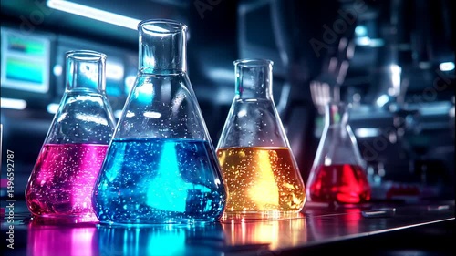 Chemistry beakers with vibrant colorful liquid solutions in them with a science lab background