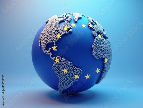 A dynamic motion graphic animation concept of the European Union flag transforming into a globe, illustrating global influence and international cooperation