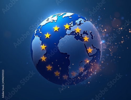 A dynamic motion graphic animation concept of the European Union flag transforming into a globe, illustrating global influence and international cooperation