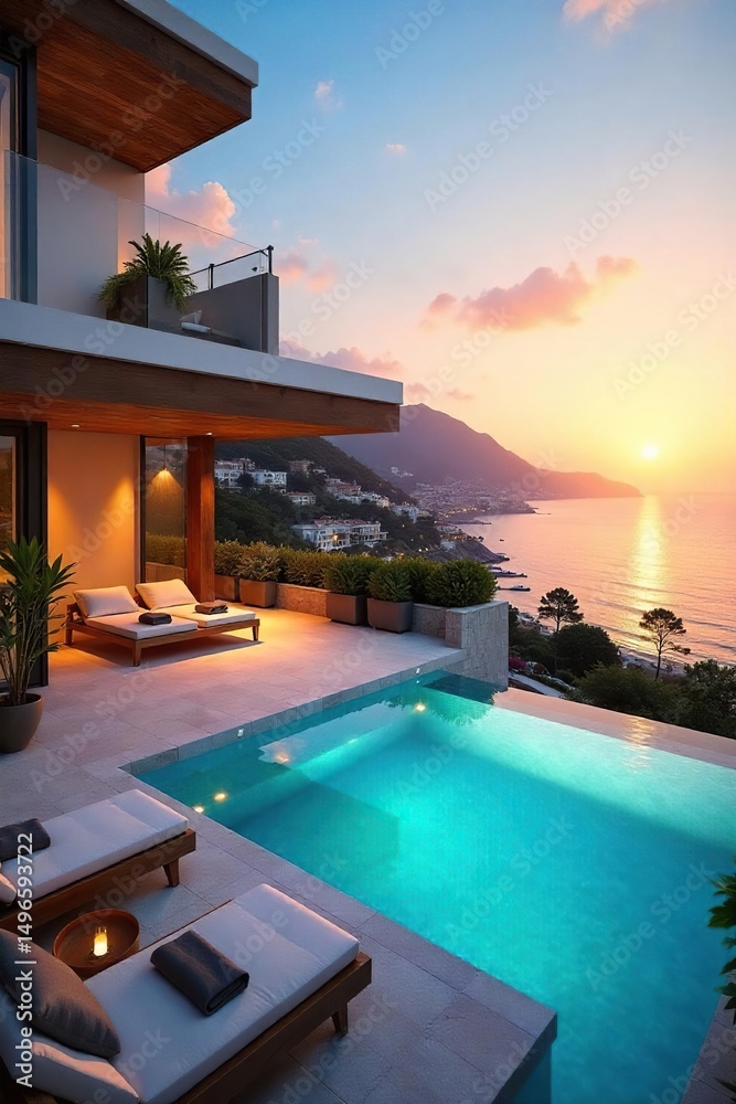 Fototapeta premium Luxury holiday villa with private pool and stunning ocean views Enjoy breathtaking sunsets and serene outdoor living spaces, perfect for a relaxing getaway , paradise, landscaping, balcony