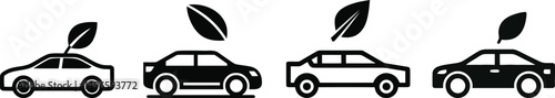 Eco-Friendly Car Icons Set – Leaf Symbol Vehicle Silhouettes on Transparent Background

