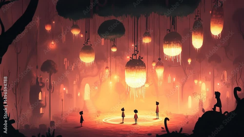 Enchanted forest scene with children exploring glowing lanterns in a mystical atmosphere