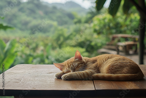 Ginger cat napping peacefully on a wooden table with a lush green backdrop