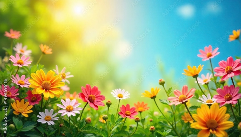 Obraz premium A vibrant summer scene featuring sun-drenched flowers, lush green foliage, and a cheerful, sunlit background, perfect for representing summer fundraising initiatives , cheerful, warm, purple