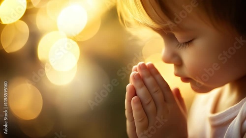 A young child is praying with their hands together. The image has a warm and peaceful mood, as the child is focused on their prayer