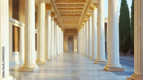 A long hallway with white pillars and a lot of space. The pillars are very tall and the hallway is very long