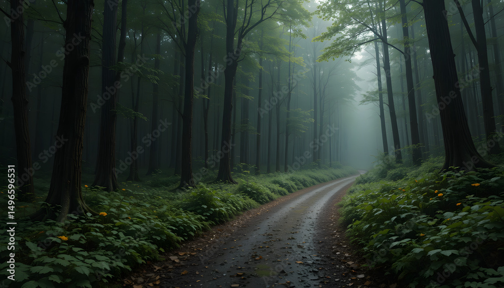 Obraz premium Title: Tranquil Forest Path Surrounded by Tall Trees and Lush Greenery