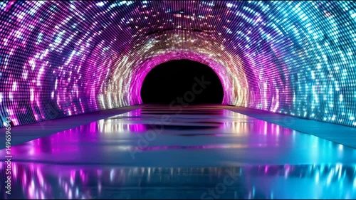 Abstract Futuristic glowing LED tunnel background with vibrant blue and pink lights and reflective floor