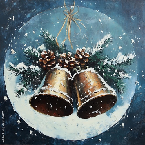 Two bells adorned with pine cones and snow, hanging in a winter scene.