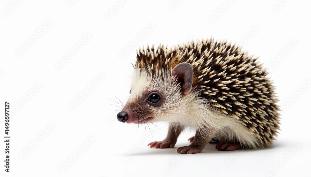 Fototapeta premium Small hedgehog, curled in defense, white background, woodland, animal photography