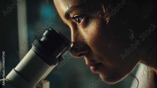 Female scientist looking through a microscope with a white clinical lab background