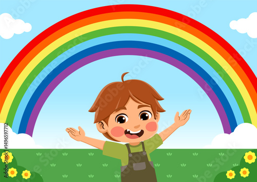 illustration of a happy child seeing a rainbow