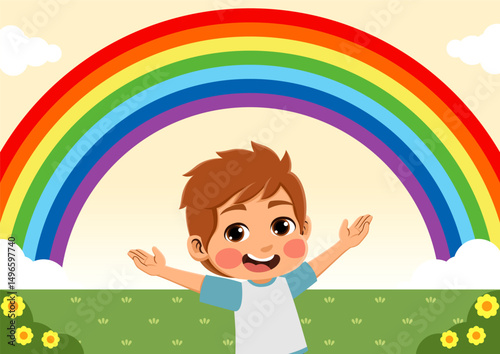 illustration of a happy child seeing a rainbow