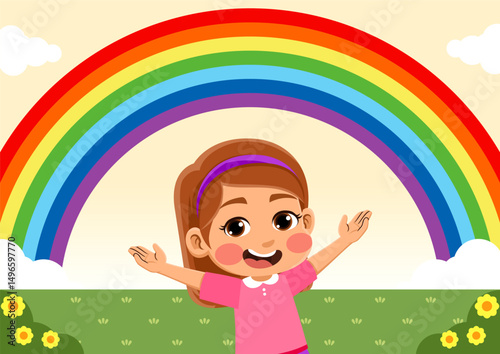 illustration of a happy child seeing a rainbow