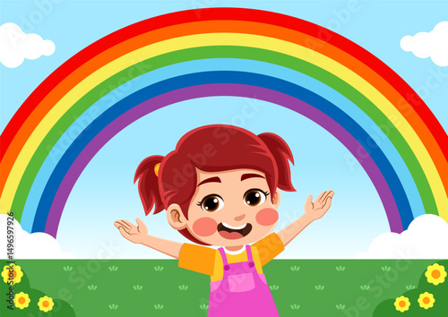 illustration of a happy child seeing a rainbow