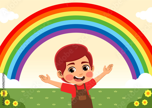 illustration of a happy child seeing a rainbow