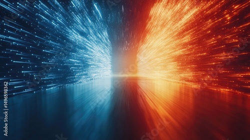 Opposing blue and orange light streaks converge on reflective surface