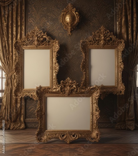 Ornate frames arranged on rich damask backdrop , silver, graphic, photography